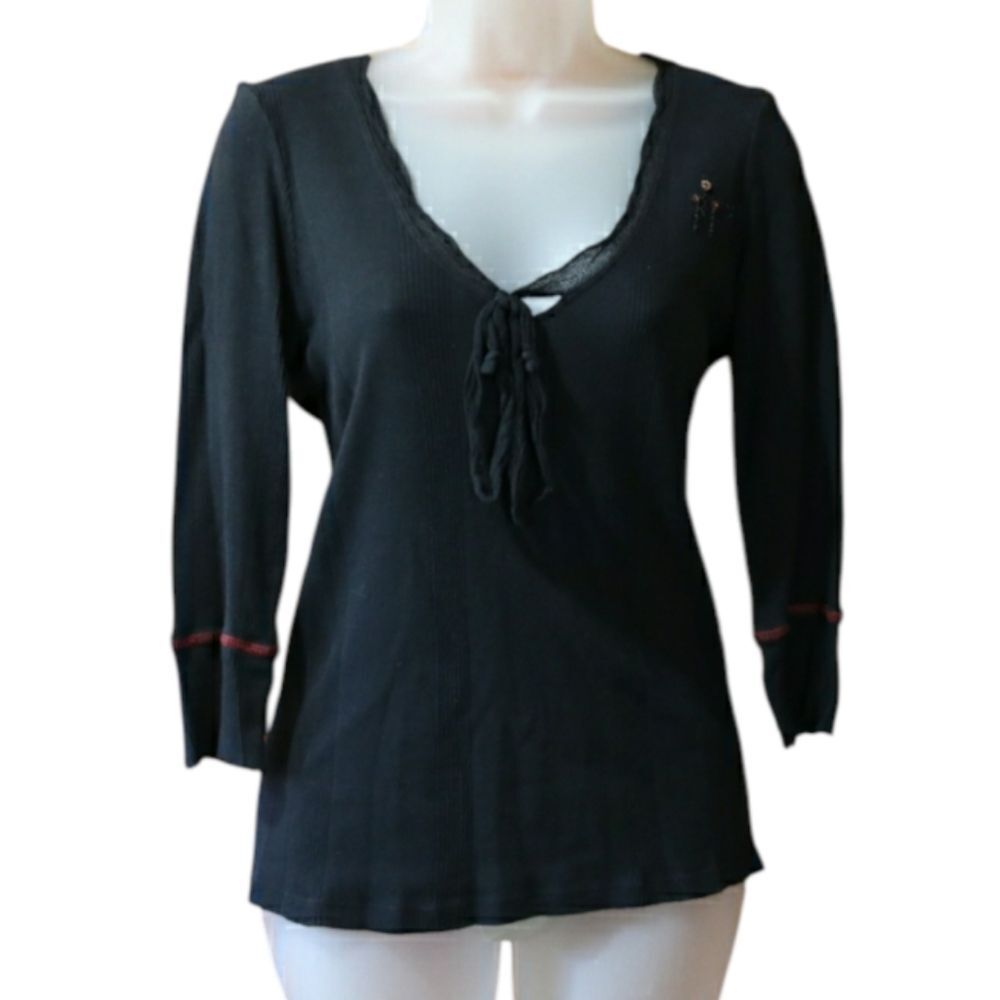 Burning Torch Ribbed Black Beaded Long Sleeve Top Vintage 90s LG